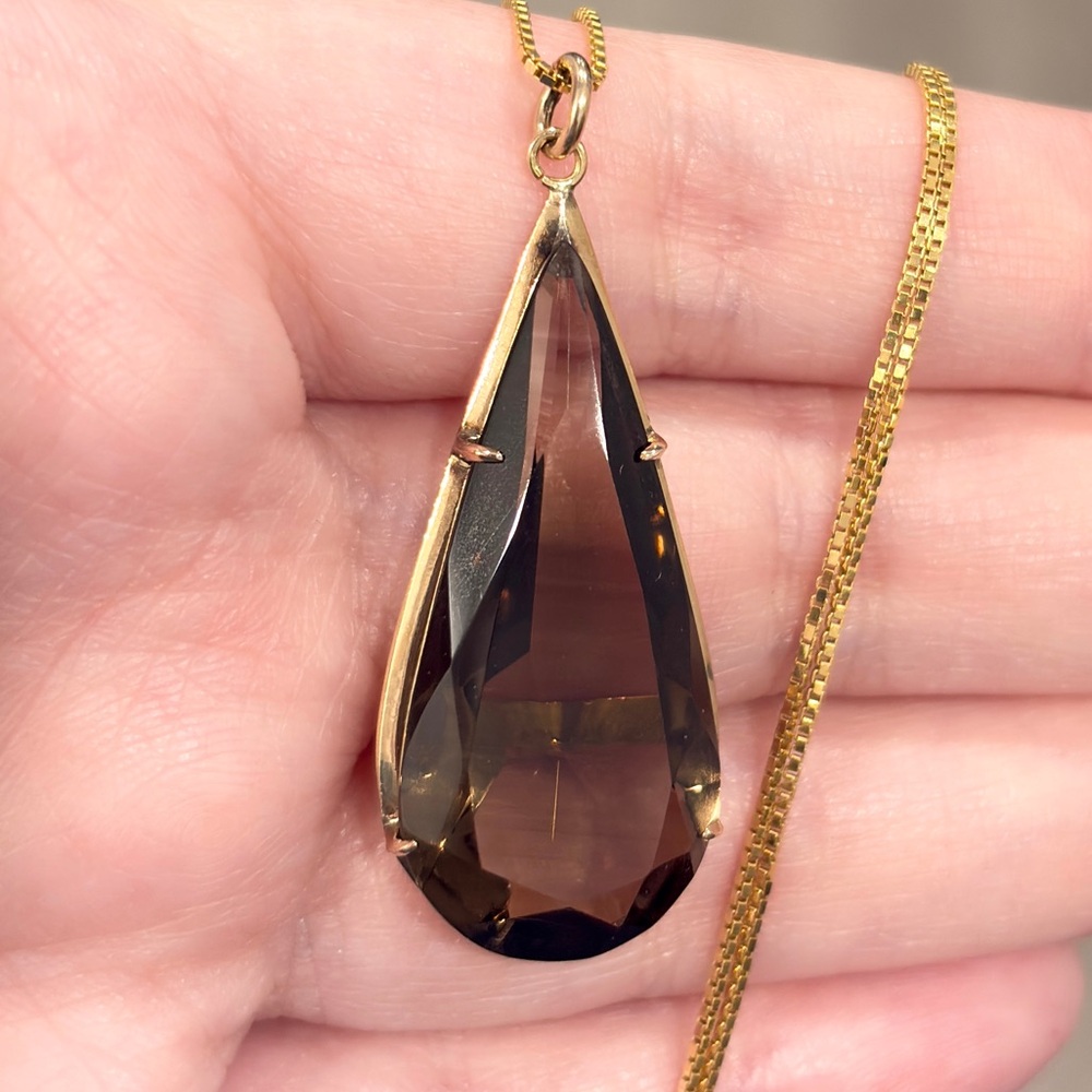 Vintage Smoky Quartz 18K Yellow Rose Gold Pendant Mid-Century Teardrop Solitaire - Picture 1 of 13